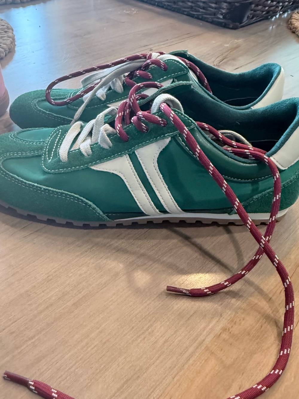 ShuShop Green and White Retro Sneakers with Burgundy Laces